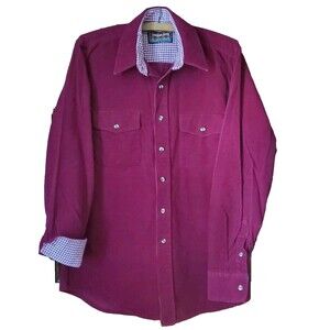 VTG 80s Woodland Pinwale Corduroy Shirt Men M Burgundy Check Lined Cuffs Western